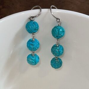 Genuine Turquoise Triple Ball carved Dangle earrings with sterling silver